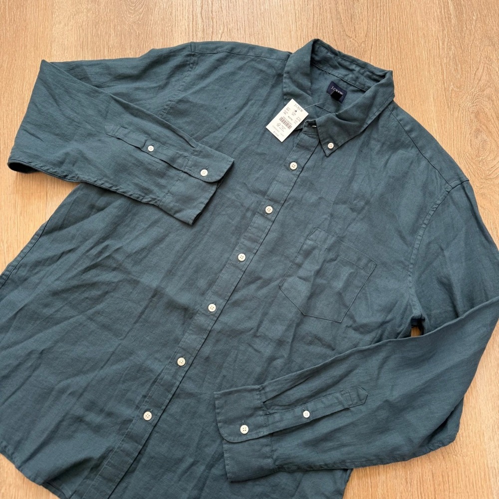 J.Crew AL179 Linen Cotton Button Down Shirt Mens L Opal Blue Long Sleeve